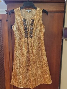Beth Bowley | 100% Silk Animal Print Dress with Beaded V-Neckline - Size 2